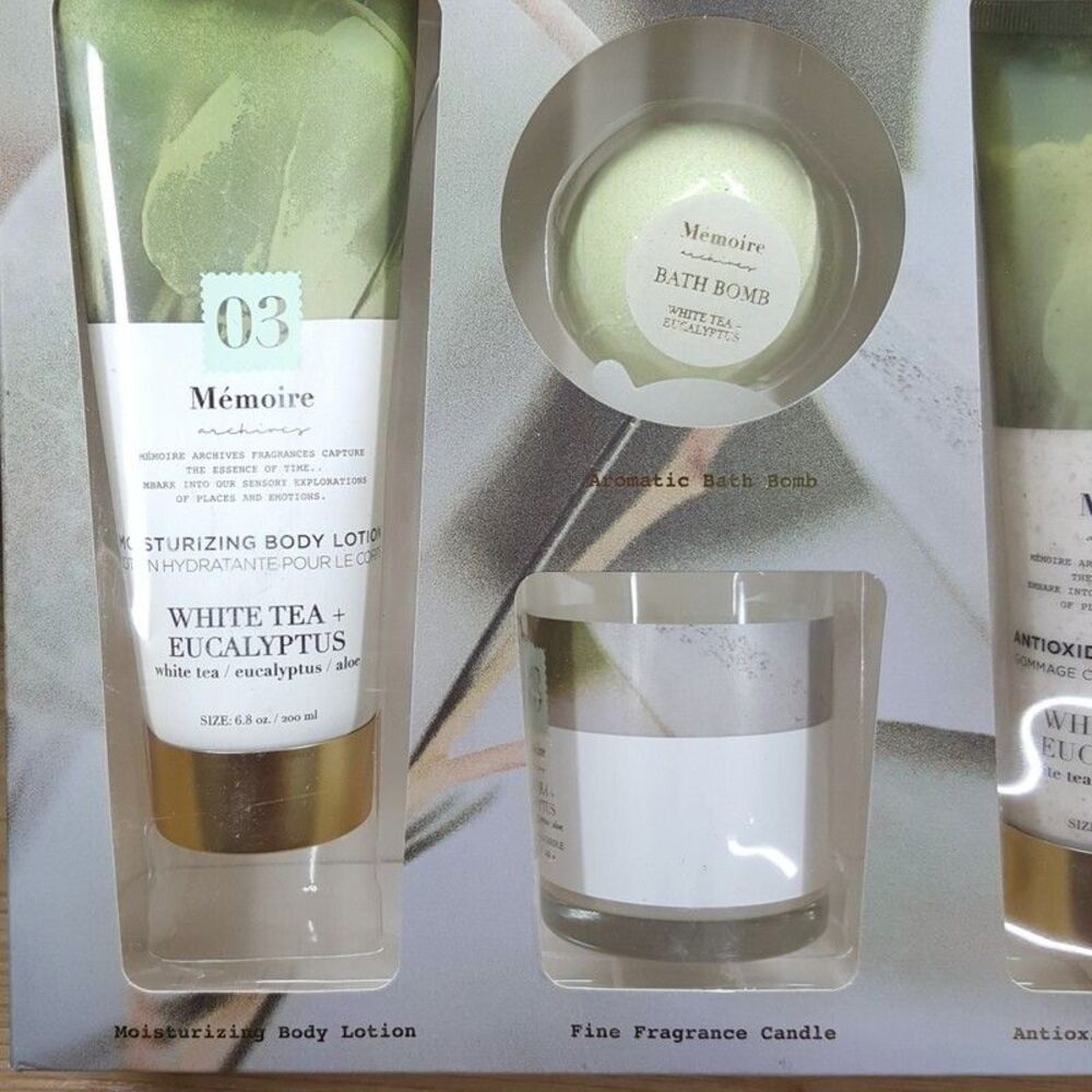 Memoire Archives 4 Piece Bath & Body Set White Tea Eucalyptus Scrub Lotion Bomb - Picture 2 of 7